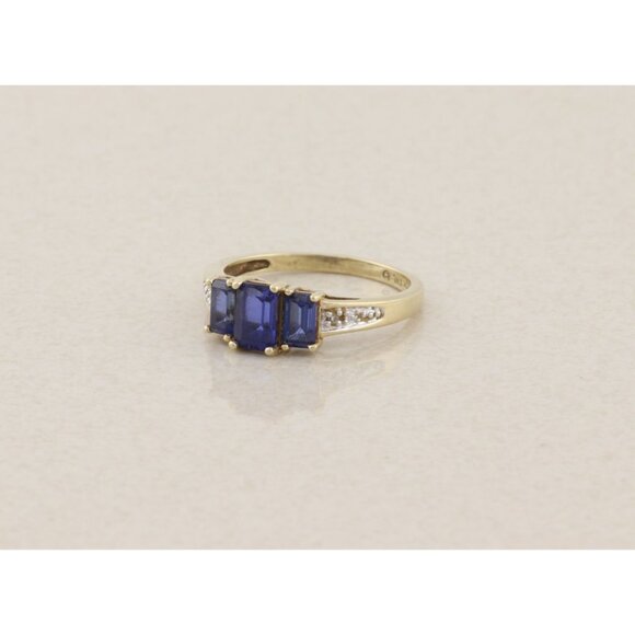 10k Yellow Gold Lab Created Blue Sapphire and Diamond Ring Size 6 3/4 - Picture 5 of 7
